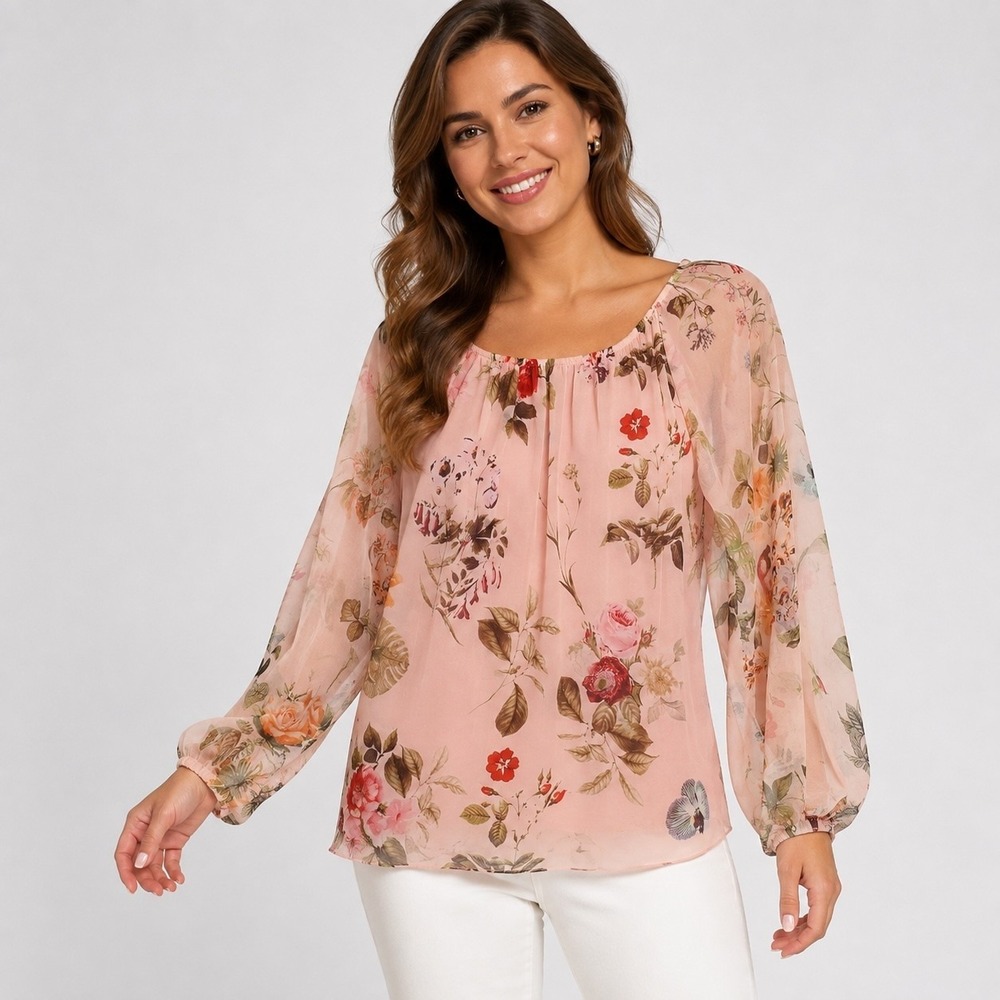 Viola Borghi Floral Silk Chiffon Top Womens S Pink Lined Long Sleeve Scoop Neck
